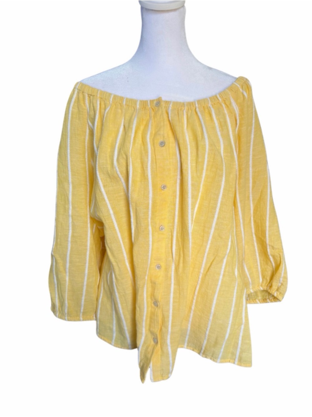 Style & Co. Yellow and White Striped Off-Shoulder Button Front Blouse